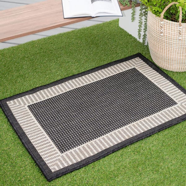 Eco Striped Border Black 2 ft. x 3 ft. Indoor/Outdoor Area Rug