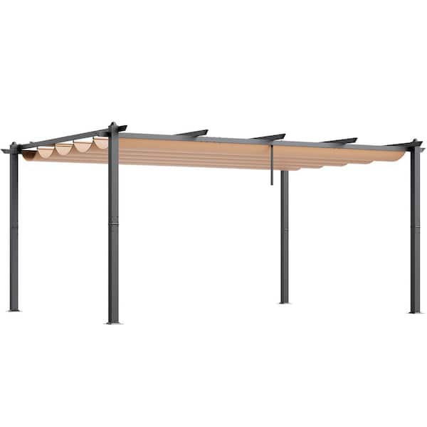 12ft. x16ft. Outdoor Retractable Pergola with Canopy, Aluminum Pergola for Patios, Gardens, Decks, Backyards, Beige Tent