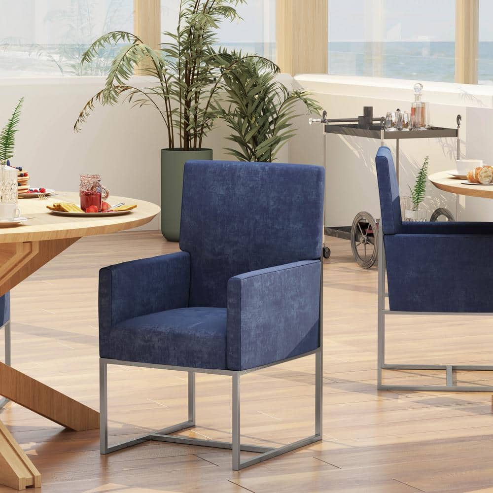 Luxurious Blue Velvet Upholstered High-Back Metal Armchair