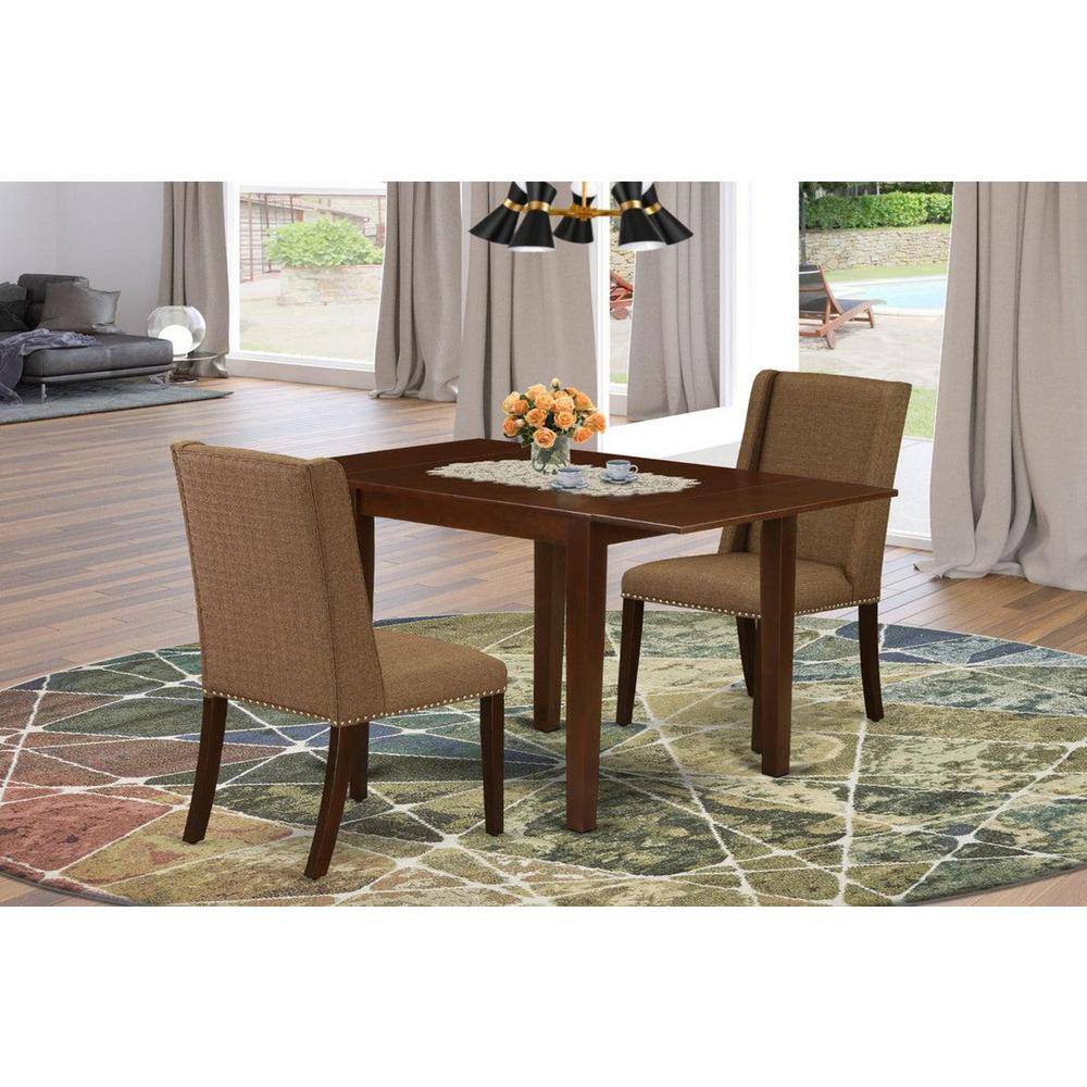 3-Piece Mahogany Finish Rectangular Solid Wood Top with Dropleaf Dining Table Set