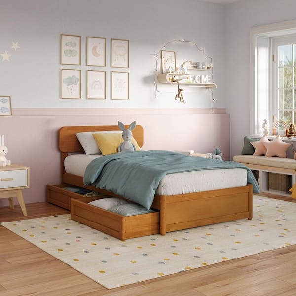 Capri Light Toffee Natural Bronze Solid Wood Frame Twin Platform Bed with Panel Footboard and Storage Drawers