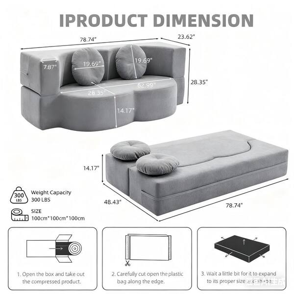 Modern 75.59 in. Wide Square Arm Corduroy Curved Convertible Floor