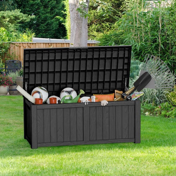 120 Gal. Resin Outdoor Deck Box with Lockable Lid Porch Storage Box Bench for Cushions, Throw Pillows in Black