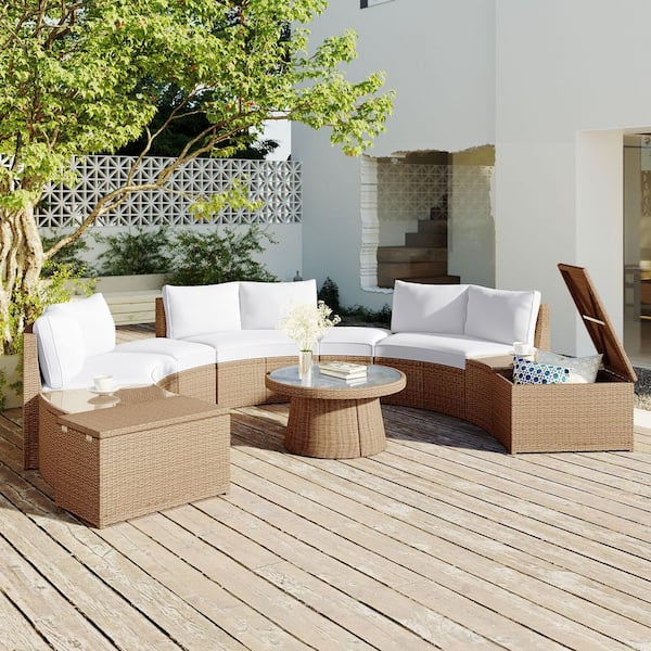 Zeus & Ruta 10 Pieces Wicker Outdoor Sectional Half Round Sofa Set, Patio Conversation Set with White Cushions for Free Combination