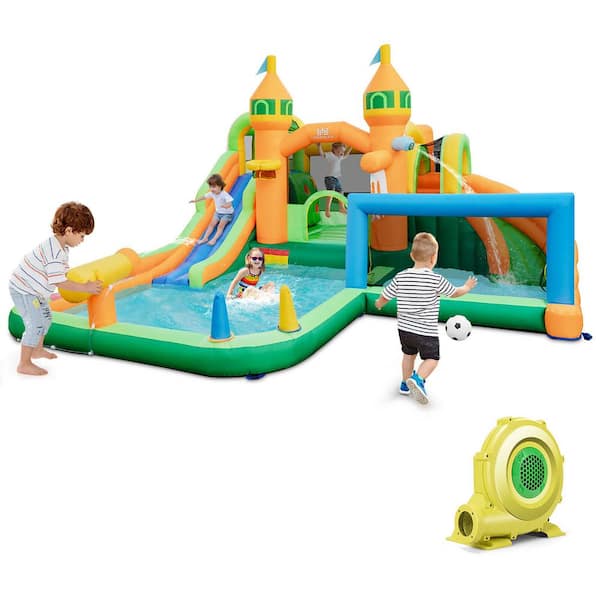 Gymax Kids Inflatable Water Slide Park w/735-Watt Blower Basketball Rim Wet Dry Combo