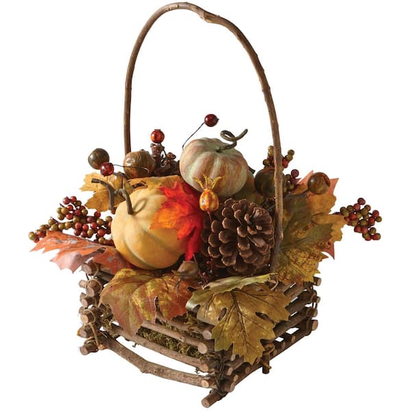 Home Decorators Collection Green Harvest 16 in. Autumn Basket with Pumpkin, Gourd and Maple Leaf