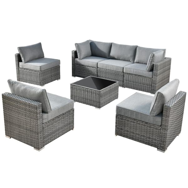 Messi Gray 7-Piece Wicker Outdoor Patio Conversation Sectional Sofa Set with Dark Gray Cushions