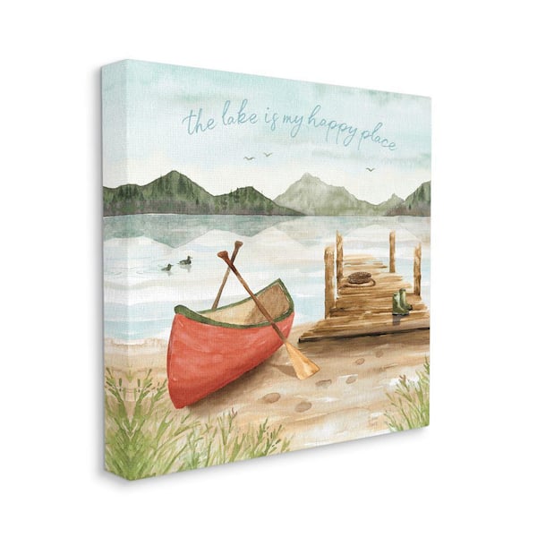 Stupell Industries Lake's My Happy Place Phrase Boat Dock Landscape by Dina June Unframed Print Nature Wall Art 24 in. x 24 in.