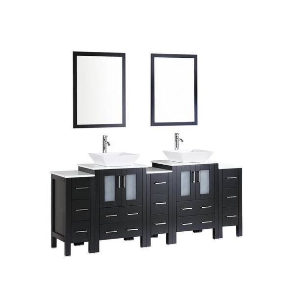Bosconi 84 in. W Double Bath Vanity in Espresso with  Stone Vanity Top with White Basin and Mirror