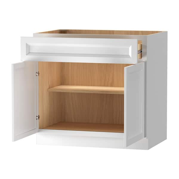 Keyport Shaker 36 in. W x 24 in. D x 34.5 in. H Ready to Assemble Plywood Floor Base Kitchen Cabinet in White Tool-Free