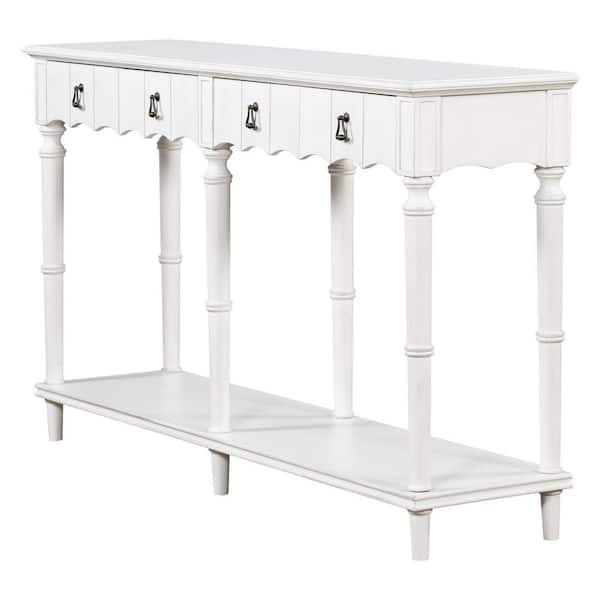 ANBAZAR 63 in. L White Rectangle Accent Console Table with Cabinet and 4-Drawers and Bottom Shelf Distressed Wood Condole Table