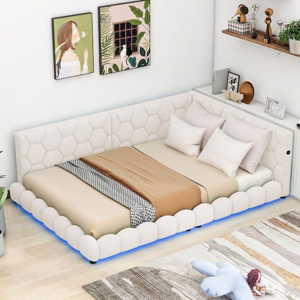 White Upholstered Wood Frame Full Platform Bed with USB Ports and LED Belt