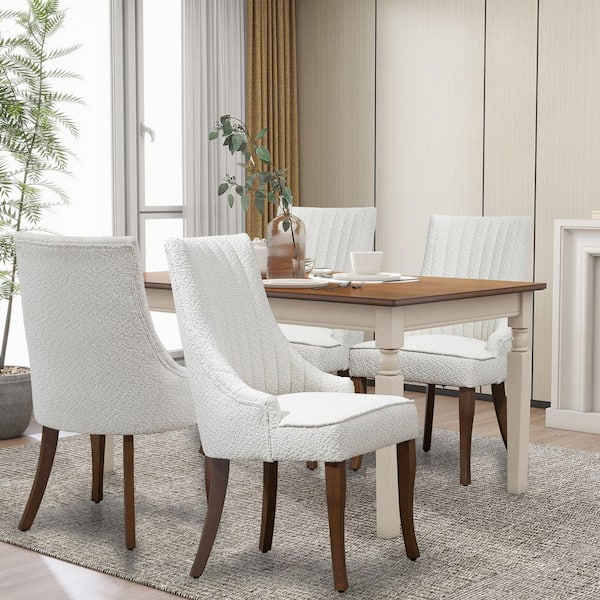 WONDER COMFORT Vintage White Teddy Fabric Channel Tufted Upholstered Dining Chairs Set of 4 with Solid Wood Legs