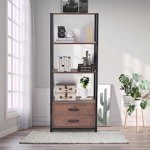 23.60 in. Wide Brown Home Office 4-Tier Industrial Bookcase with 4 Open Storage Shelves and 2 Drawers