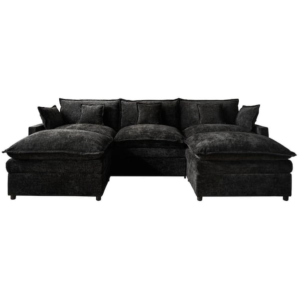 Jade 107 in. Wide Arm 3-Piece Modern Chenille U-Shape Modular Sectional Sofa Couch in Black with Two Ottomans