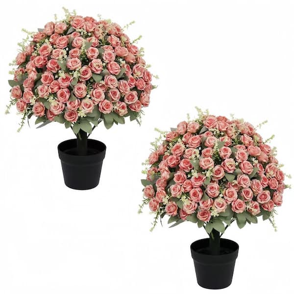 24 in. Pink Artificial Rose - Lifelike Faux Floral Plants - Suitable for Indoor and Outdoor Decoration - 2-Pot Set