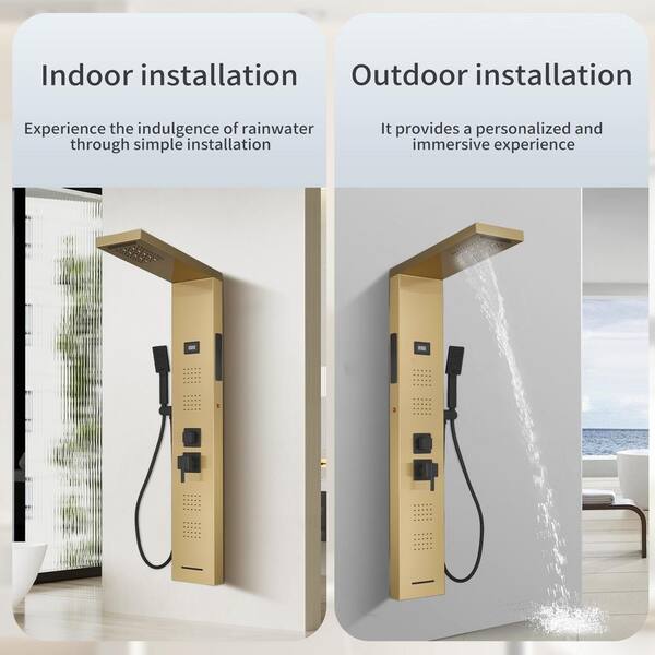 thumbnail image 2 of Brushed Gold LED Rainfall Shower Panel System With Mixer & Massage Jets – ELLO&ALLO, 5 Spray Patterns, Wall Mount 2 of 4