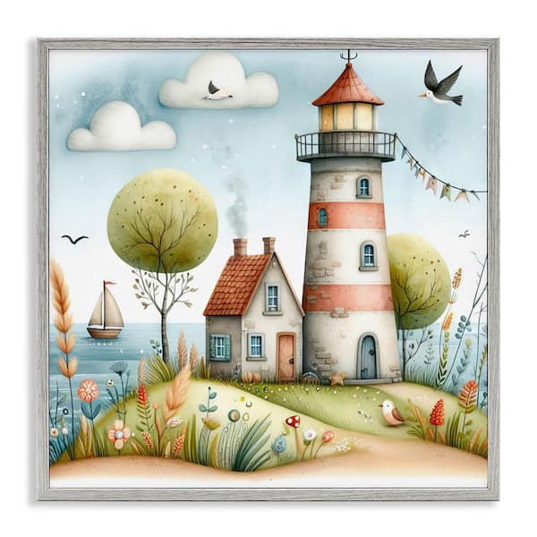 Stupell Industries Nautical Lighthouse Whimsy by LSR Design Studio Gray Framed Coastal Giclee Art Print 17 in. x 17 in.