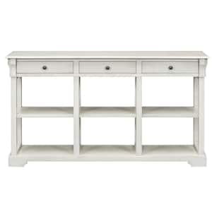 58.10 in. W x 14.20 in. D x 32.30 in. H Antique White Linen Cabinet Console Table with Open Shelves and Drawers
