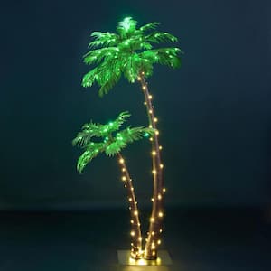 6ft.+4ft. Pre-Lit LED Palm Tree Artificial Christmas Tree with Green Leaves and 184 LED Lights