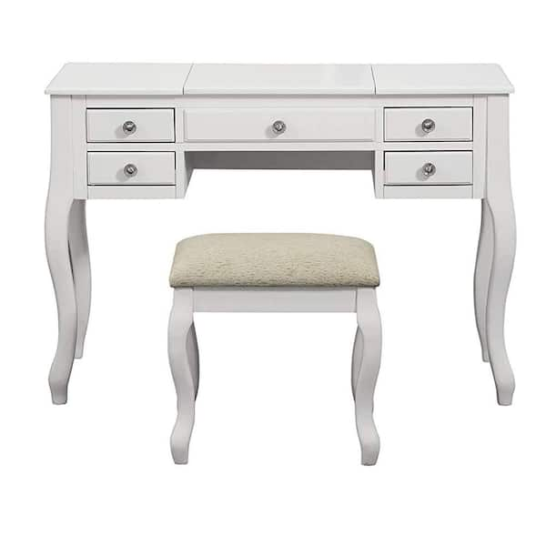 Benjara Cherub White Wooden Vanity Set Featuring Stool and Mirror ...