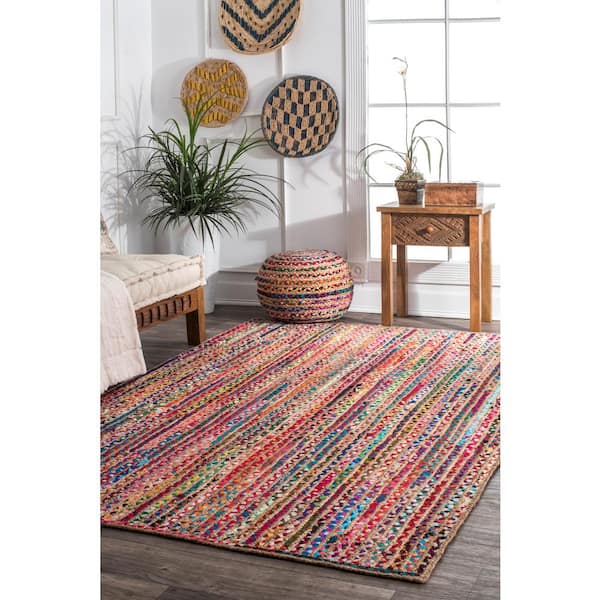 Aleen Bohemian Braided Stripes Jute Multi 8 ft. x 10 ft. Area Rug