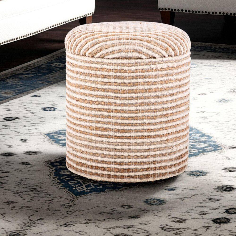 Handwoven Heracles Cotton Jute Stripe 16in Round Fabric Storage Ottoman