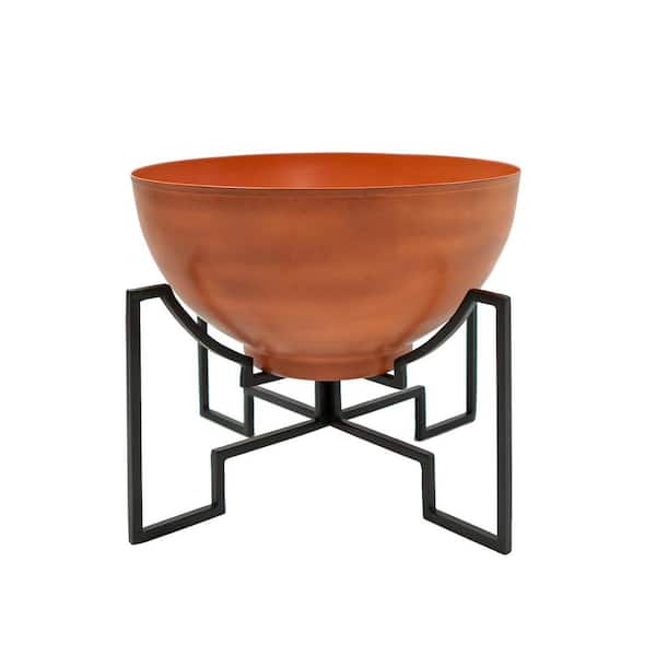 16in.W x 13.25in.H, Round Burnt Sienna Galvanized Steel Planter Bowl W Black Wrought Iron Plant Stand Indoor Outdoor Use