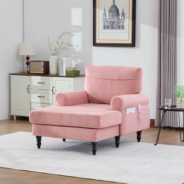 Myra 38.2 in. Pink Chenille Upholstered Rolled Arm Chaise Lounge with Side Pockets