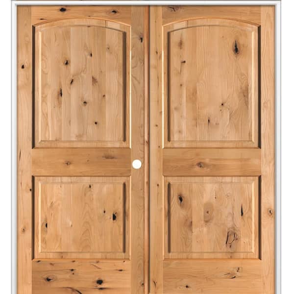 60 in. x 80 in. Rustic 2-Panel Arch Top Left Active Cedar Stain Knotty Alder Wood Double Prehung Interior Door