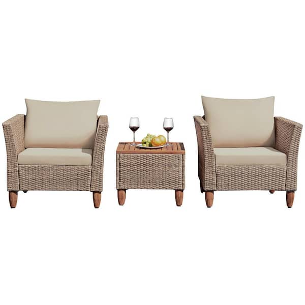 null 3-Piece Wicker Patio Conversation Set with Beige Cushions