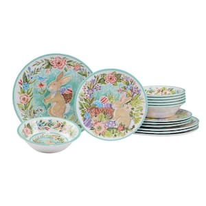 Joy of Easter 12-Piece Assorted Colors Melamine Dinnerware Set Service for 4