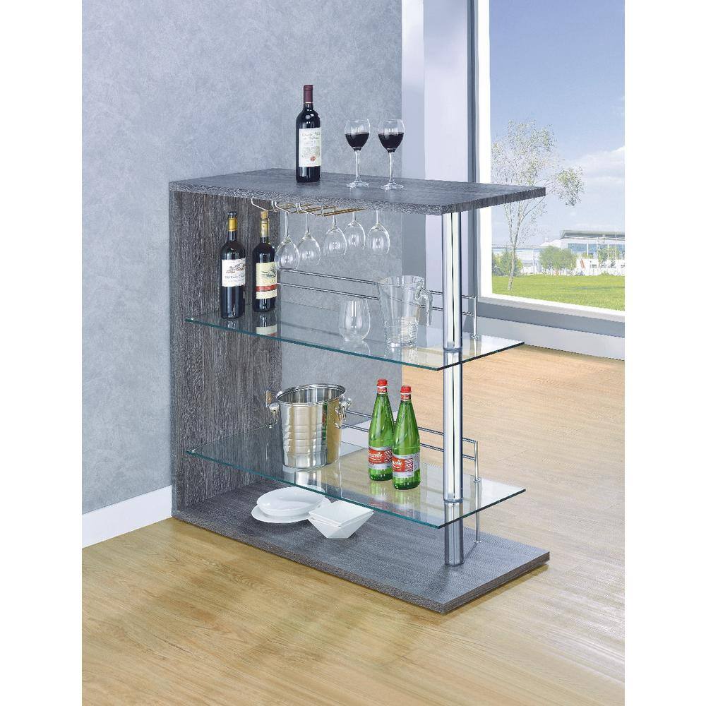 Weathered Gray and Chrome Rectangular Bar Unit with Glass Shelves