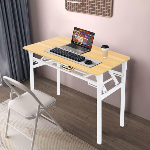 31.5 in. x 19.7 in. Beige Rectangular Metal Iron MDF Computer Desk Folding Table with Storage Rack