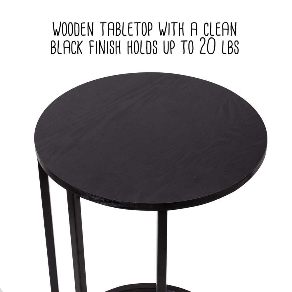 Black Round Wood and Metal C-Shaped End Table