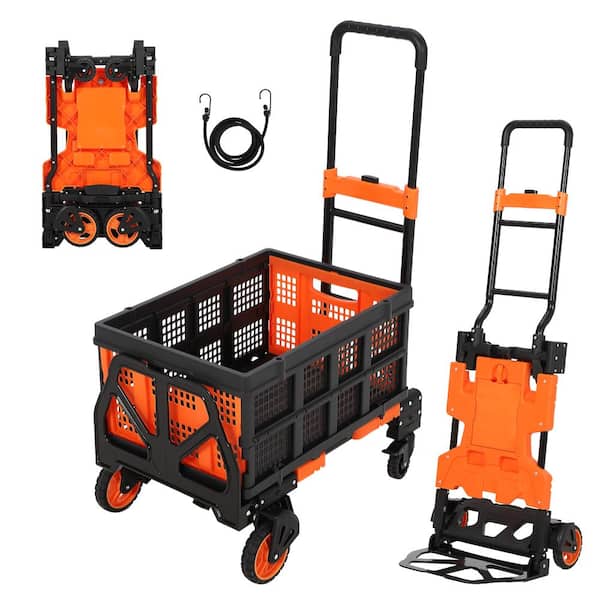 2-in-1 Convertible Folding Hand Truck Dolly Cart with Collapsible Basket, Swivel Wheels, Straps, Telescoping Handle