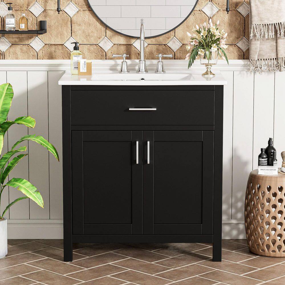 30 in. W Single Sink Freestanding Black Solid Wood Frame Bath Vanity with White Ceramic Top, Unassembled price history on PriceWatchPro