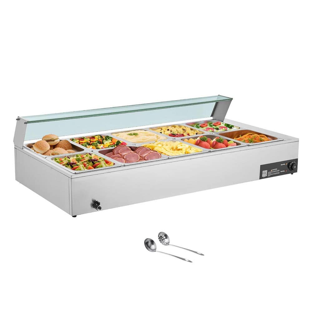 Commercial Food Warmer, 1700W Electric Stainless Steel Steam Food Warmer with Glass Cover, 10-Pan Countertop Buffet