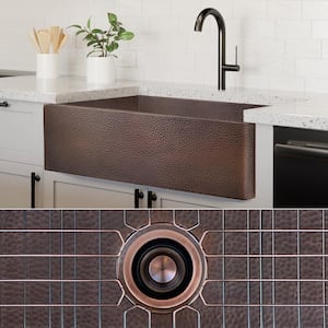 Luxury Dark Patina 12-Gauge Copper 33 in. Single Bowl Farmhouse Apron Kitchen Sink with Accs and Flat Front