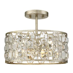 13 in. W x 11 in. H 2-Light Silver Gold Semi Flush Ceiling Light with Crystal-Adorned Shade