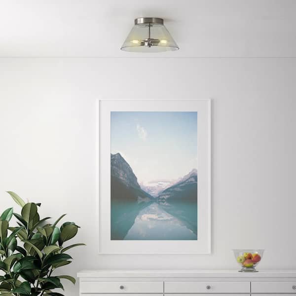 12 in. 2-Light Satin Nickel Contemporary Flush Mount with Clear Glass Shade and No Bulbs Included