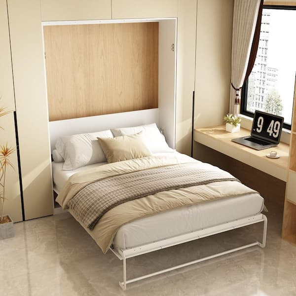 White Wood Frame Queen Size Bed Murphy Bed, Shaped Like Wardrobe, Hidden Bed, Pull Down to Expand