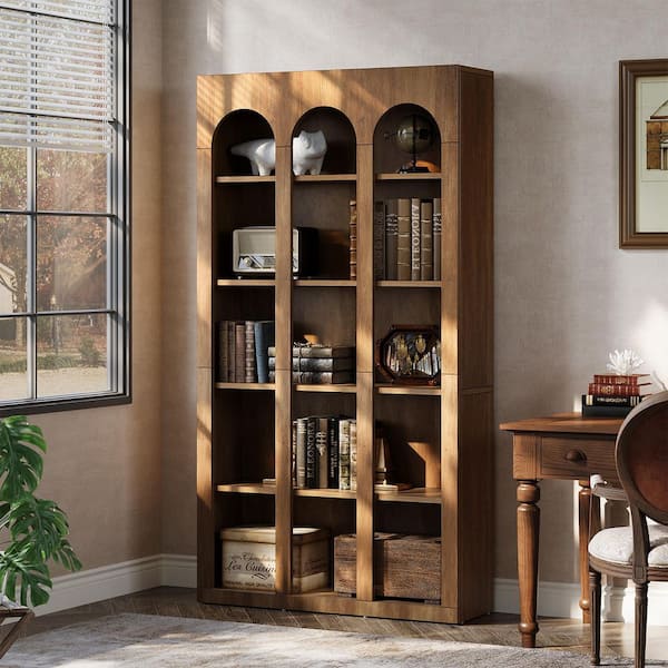 Eula 71 in. Tall Brown Wood 5-Shelf Etagere Standard Farmhouse Corner Bookcase Home Office Display Organizer