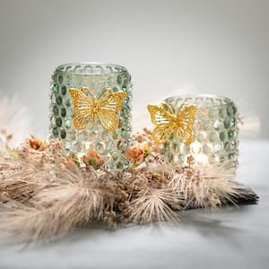 3.5 in. and 5.25 in. Green Glass Butterfly Votive Holders (Set of 2)