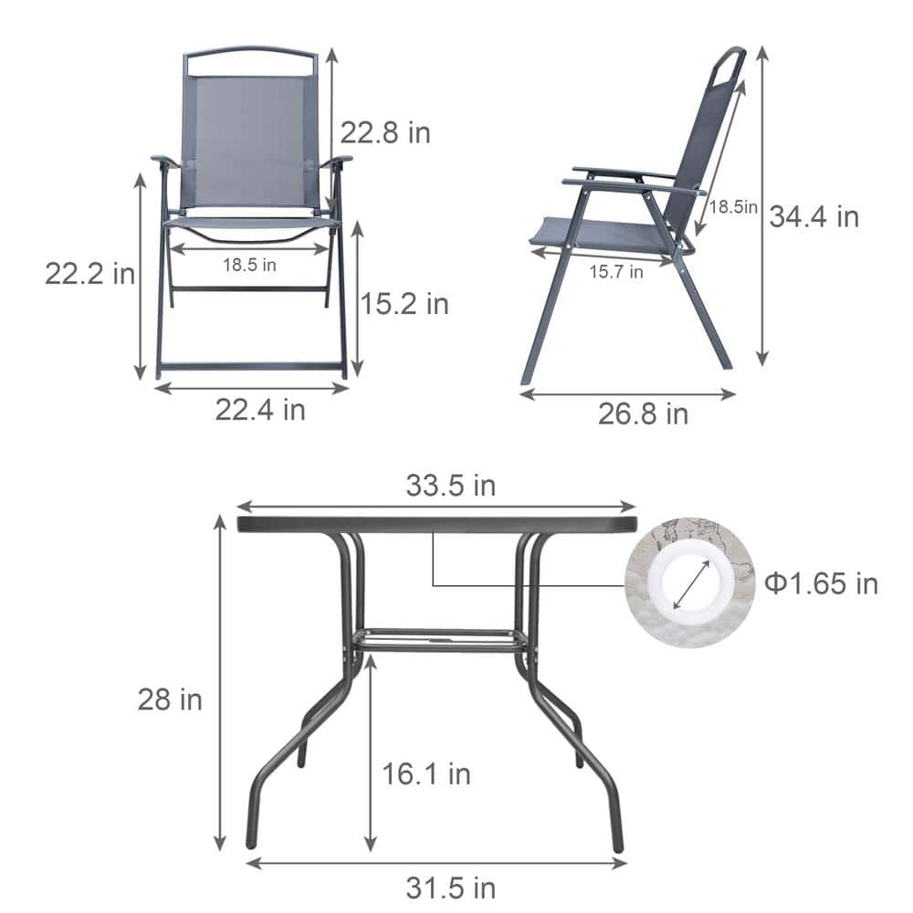 Gray 5-Piece Steel Patio Dining Set with Folding Chairs