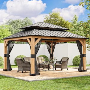 13 ft. x 11 ft. Outdoor Patio Cedar Wood Frame Hardtop Gazebo with Double Galvanized Steel Roof and Mosquito Netting