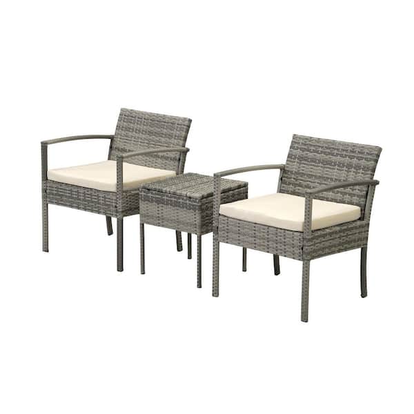 Unbranded 3-Piece Outdoor Wicker Patio Conversation Set with Table Patio Rattan Sectional Sofa Couch with Beige Cushions