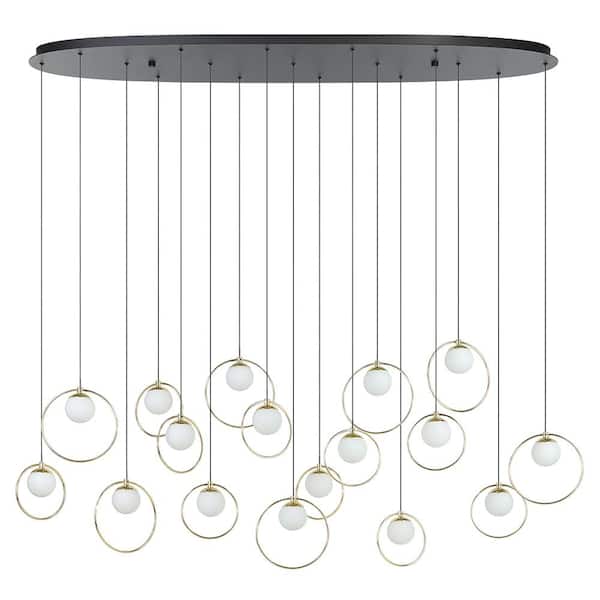 Portocolom 10.25 in. W x 94.5 in. H 17-Light Black Statement LED Pendant Light with Brass Rings and White Glass Spheres
