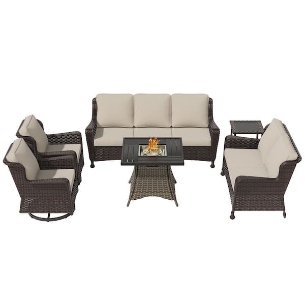 6-Piece Wicker Outdoor Patio Fire Pit Conversation Sofa Set Swivel Rocking Chairs with Beige Cushions