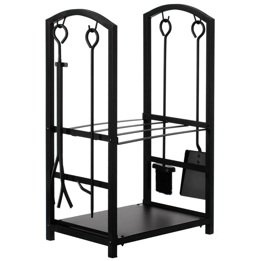 Black Iron Outdoor Firewood Log Cart with Tool Rack